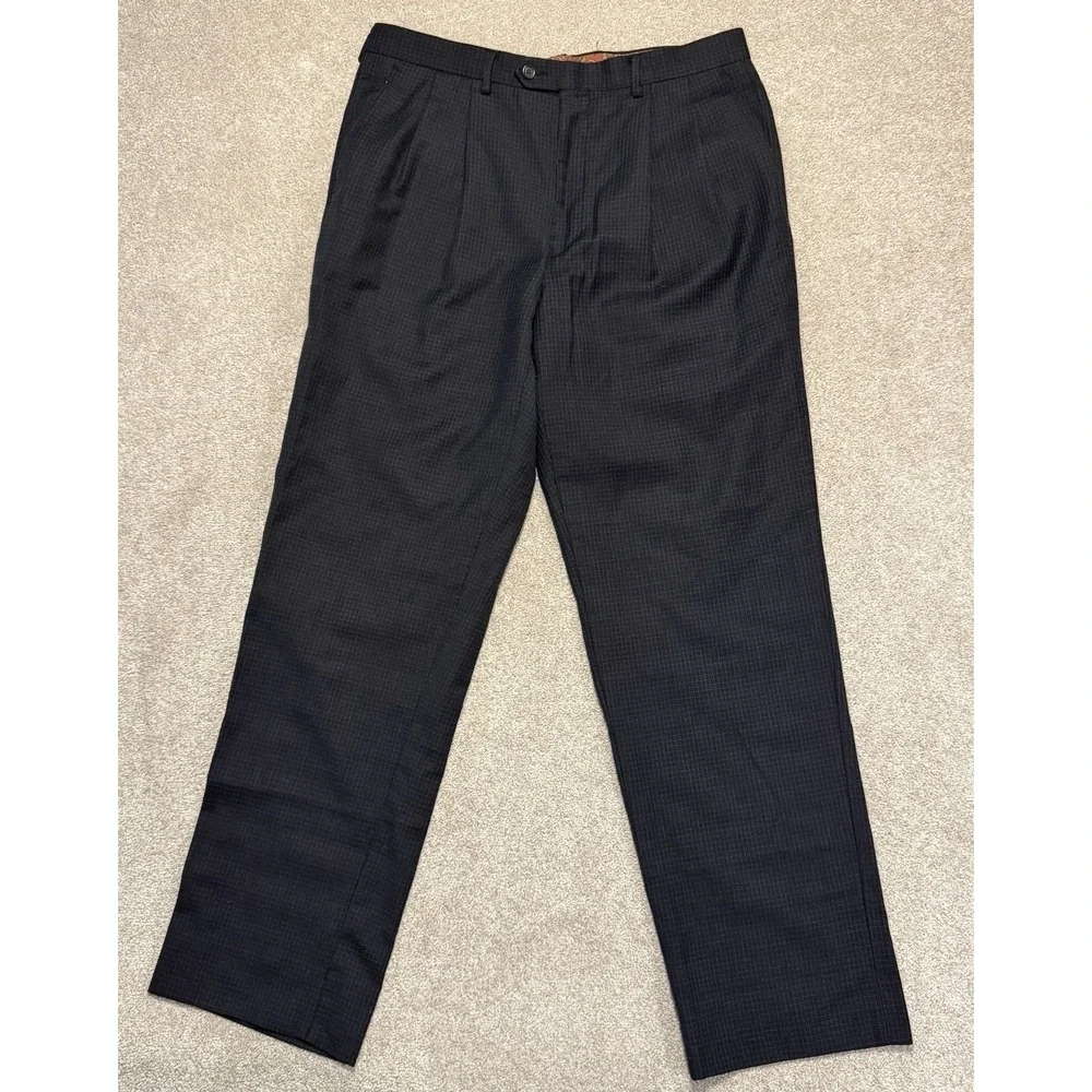 Men's Lauren Ralph Lauren Wool Dress Pants 34x32 Black Blue Plaid Pleated Office